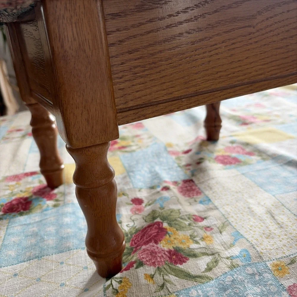 Vintage Wooden Footstool W/Floral Tapestry Upholstered Cushion Storage